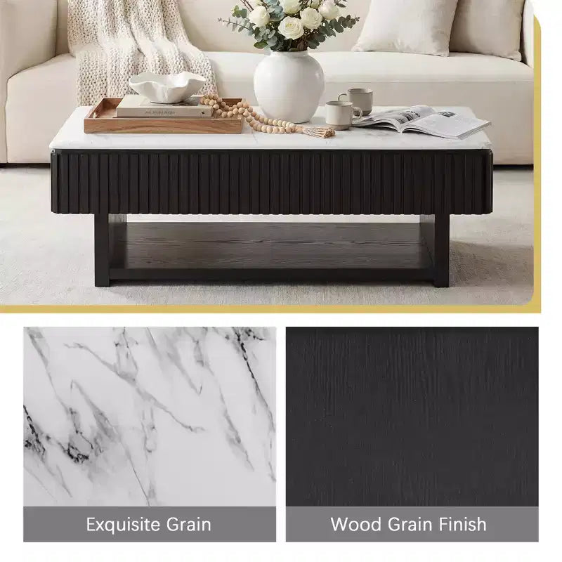 GDFStudio Table basse relevable rectangulaire multifonctionnelle de 46,5 po avec plateau en faux marbre blanc et lattes en bois massif
