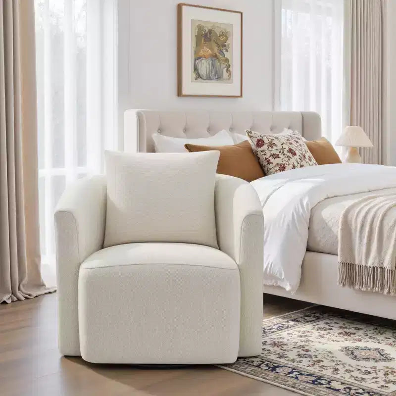 Fauteuil pivotant Bekrvio entièrement assemblé, fauteuil de salon en chenille avec oreiller, fauteuil simple confortable pour la lecture dans le salon