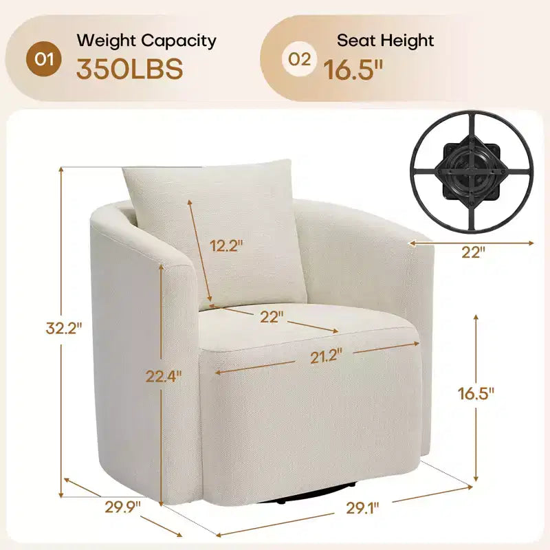 Fauteuil pivotant Bekrvio entièrement assemblé, fauteuil de salon en chenille avec oreiller, fauteuil simple confortable pour la lecture dans le salon