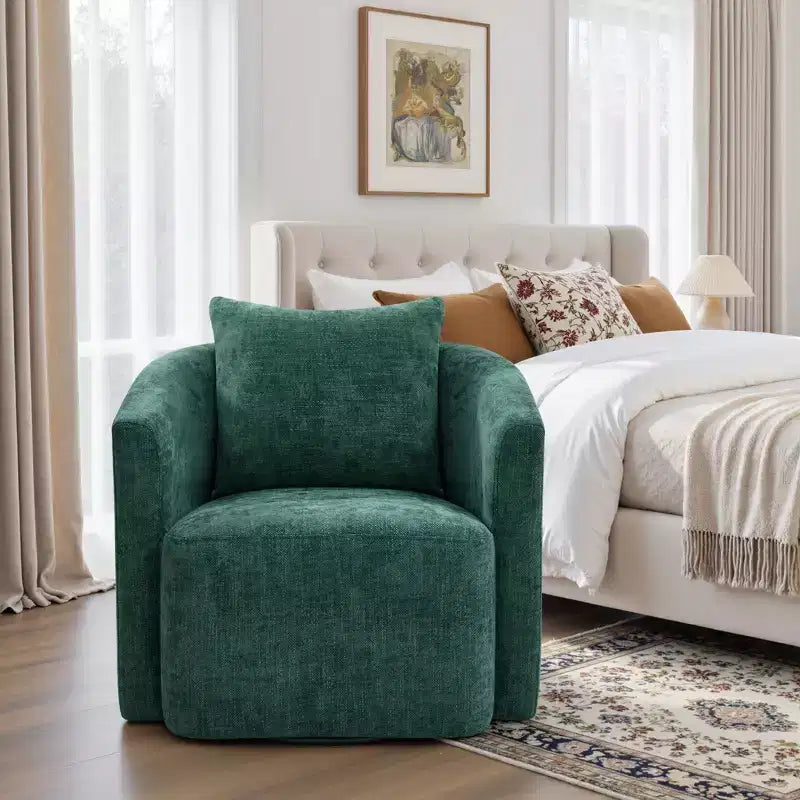 Fauteuil pivotant Bekrvio entièrement assemblé, fauteuil de salon en chenille avec oreiller, fauteuil simple confortable pour la lecture dans le salon