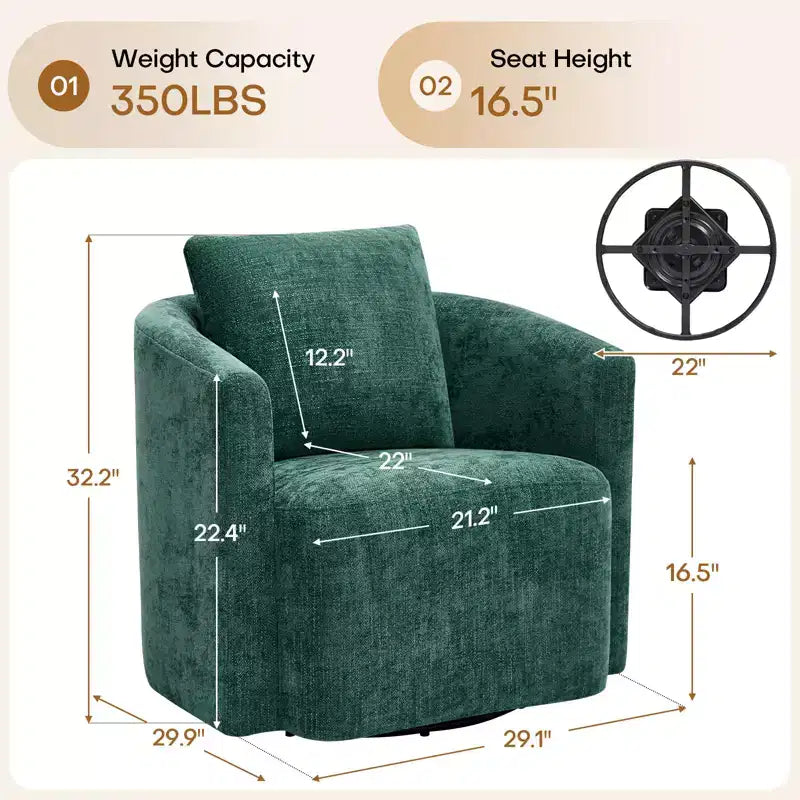 Fauteuil pivotant Bekrvio entièrement assemblé, fauteuil de salon en chenille avec oreiller, fauteuil simple confortable pour la lecture dans le salon