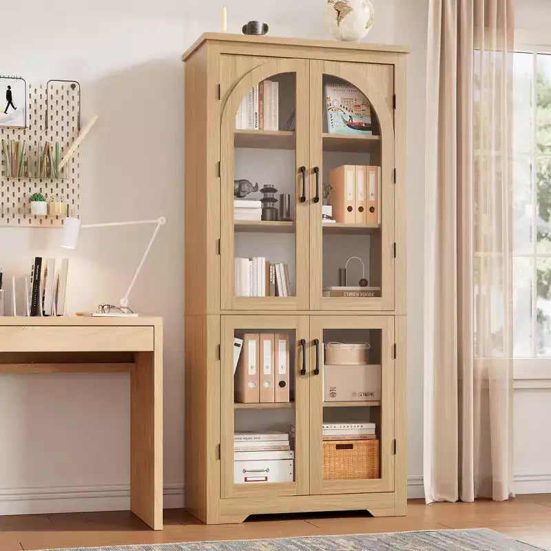 Meuble de rangement de cuisine de 178 cm, buffet moderne avec 4 portes vitrées cintrées et étagères réglables, pour cuisine, salon, salle à manger, salle de bain
