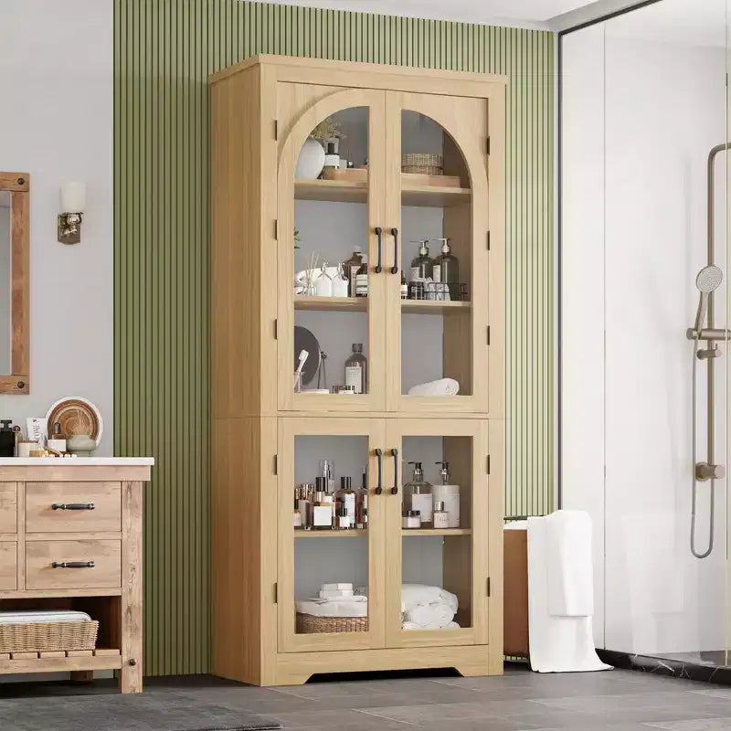 Meuble de rangement de cuisine de 178 cm, buffet moderne avec 4 portes vitrées cintrées et étagères réglables, pour cuisine, salon, salle à manger, salle de bain