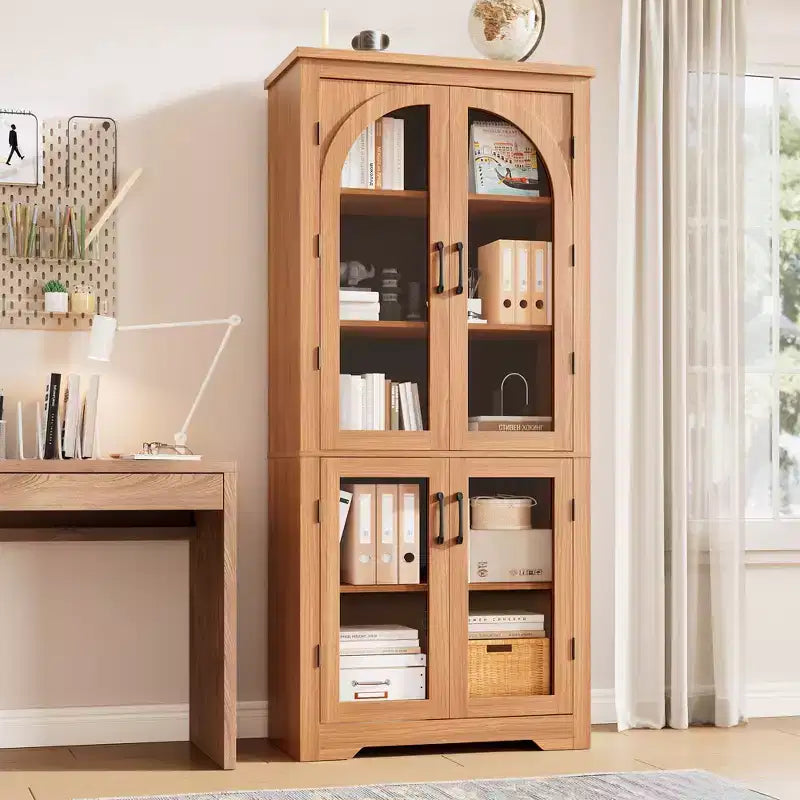 Meuble de rangement de cuisine de 178 cm, buffet moderne avec 4 portes vitrées cintrées et étagères réglables, pour cuisine, salon, salle à manger, salle de bain