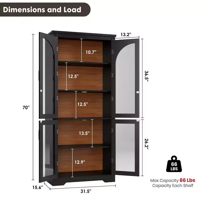 Meuble de rangement de cuisine de 178 cm, buffet moderne avec 4 portes vitrées cintrées et étagères réglables, pour cuisine, salon, salle à manger, salle de bain