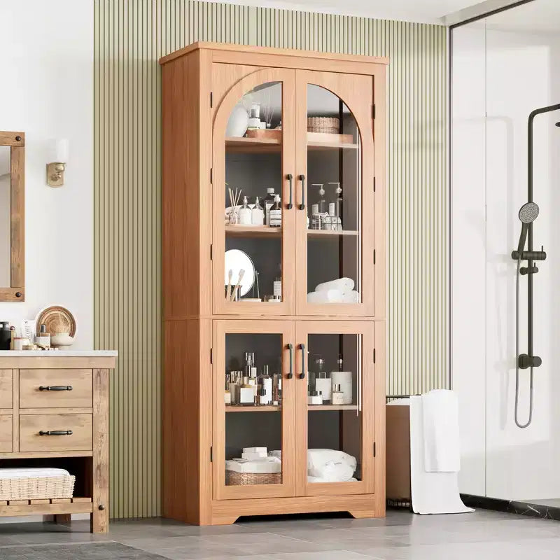 Meuble de rangement de cuisine de 178 cm, buffet moderne avec 4 portes vitrées cintrées et étagères réglables, pour cuisine, salon, salle à manger, salle de bain