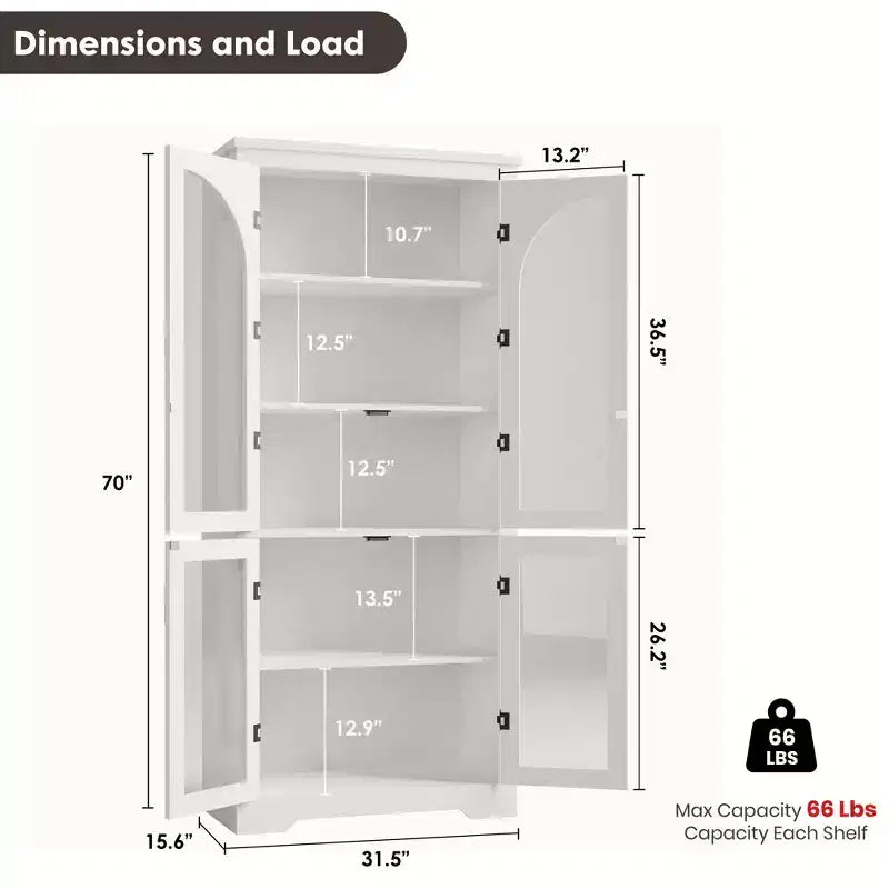 Meuble de rangement de cuisine de 178 cm, buffet moderne avec 4 portes vitrées cintrées et étagères réglables, pour cuisine, salon, salle à manger, salle de bain