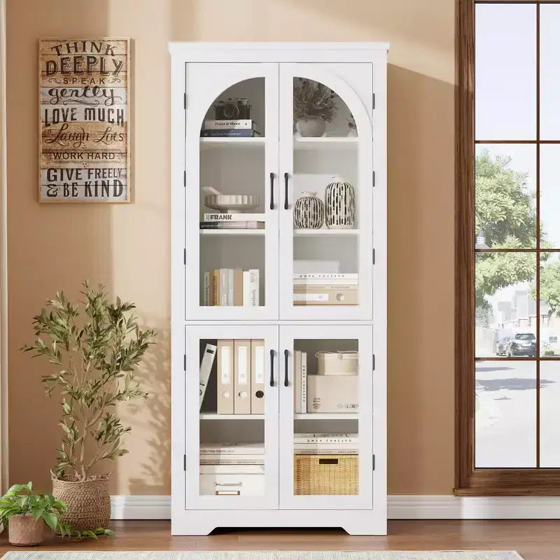 Meuble de rangement de cuisine de 178 cm, buffet moderne avec 4 portes vitrées cintrées et étagères réglables, pour cuisine, salon, salle à manger, salle de bain