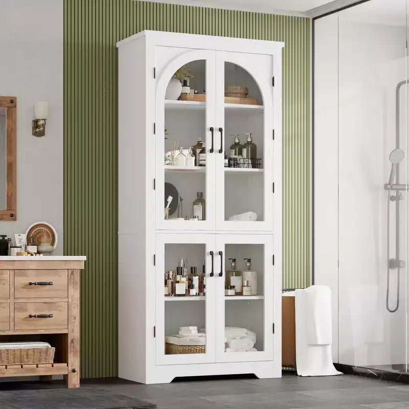Meuble de rangement de cuisine de 178 cm, buffet moderne avec 4 portes vitrées cintrées et étagères réglables, pour cuisine, salon, salle à manger, salle de bain