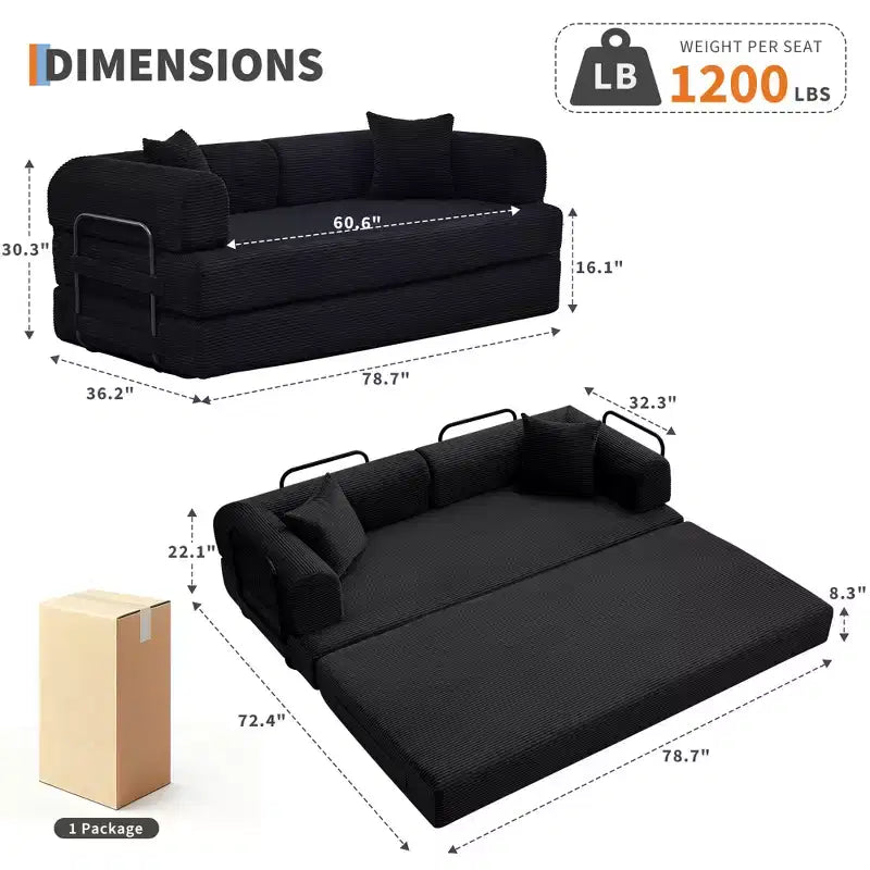 78.7 Canapé-lit futon 4-en-1 sans accoudoirs en velours côtelé, causeuse pliante avec oreillers (aucun assemblage requis)