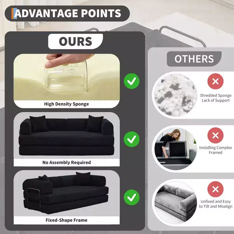 78.7 Canapé-lit futon 4-en-1 sans accoudoirs en velours côtelé, causeuse pliante avec oreillers (aucun assemblage requis)