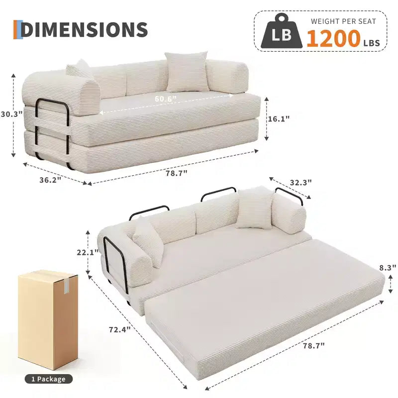 78.7 Canapé-lit futon 4-en-1 sans accoudoirs en velours côtelé, causeuse pliante avec oreillers (aucun assemblage requis)