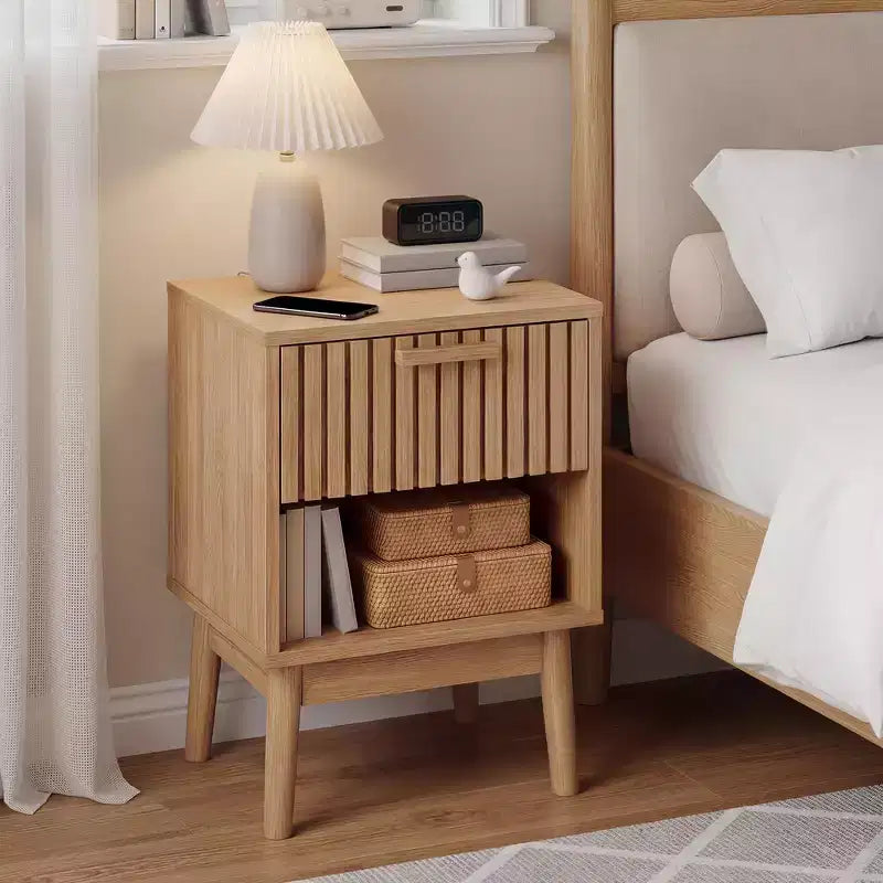 Lot de 2 tables de chevet bohèmes avec tiroir rayé et étagère ouverte, tables d'appoint compactes en bois, petites tables d'appoint pour chambre et salon
