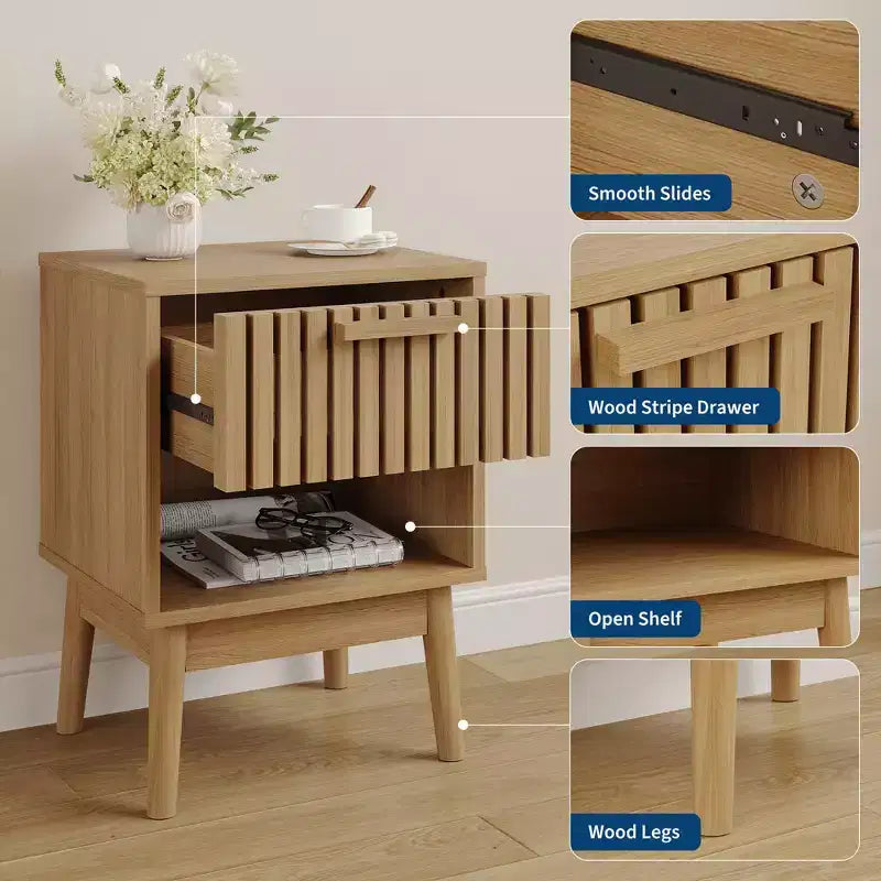 Lot de 2 tables de chevet bohèmes avec tiroir rayé et étagère ouverte, tables d'appoint compactes en bois, petites tables d'appoint pour chambre et salon