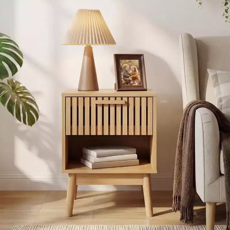 Lot de 2 tables de chevet bohèmes avec tiroir rayé et étagère ouverte, tables d'appoint compactes en bois, petites tables d'appoint pour chambre et salon