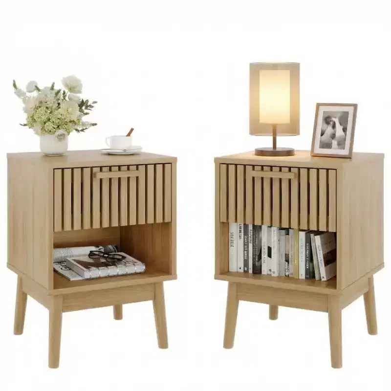 Lot de 2 tables de chevet bohèmes avec tiroir rayé et étagère ouverte, tables d'appoint compactes en bois, petites tables d'appoint pour chambre et salon