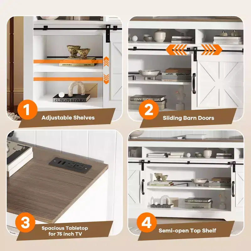 Meuble TV de style rustique de 168 cm pour téléviseurs de 75 pouces, console média avec portes de grange, étagères réglables, rangement ouvert adapté au salon