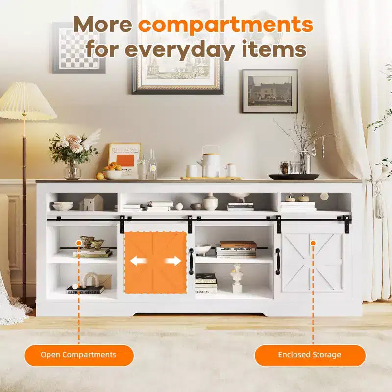 Meuble TV de style rustique de 168 cm pour téléviseurs de 75 pouces, console média avec portes de grange, étagères réglables, rangement ouvert adapté au salon