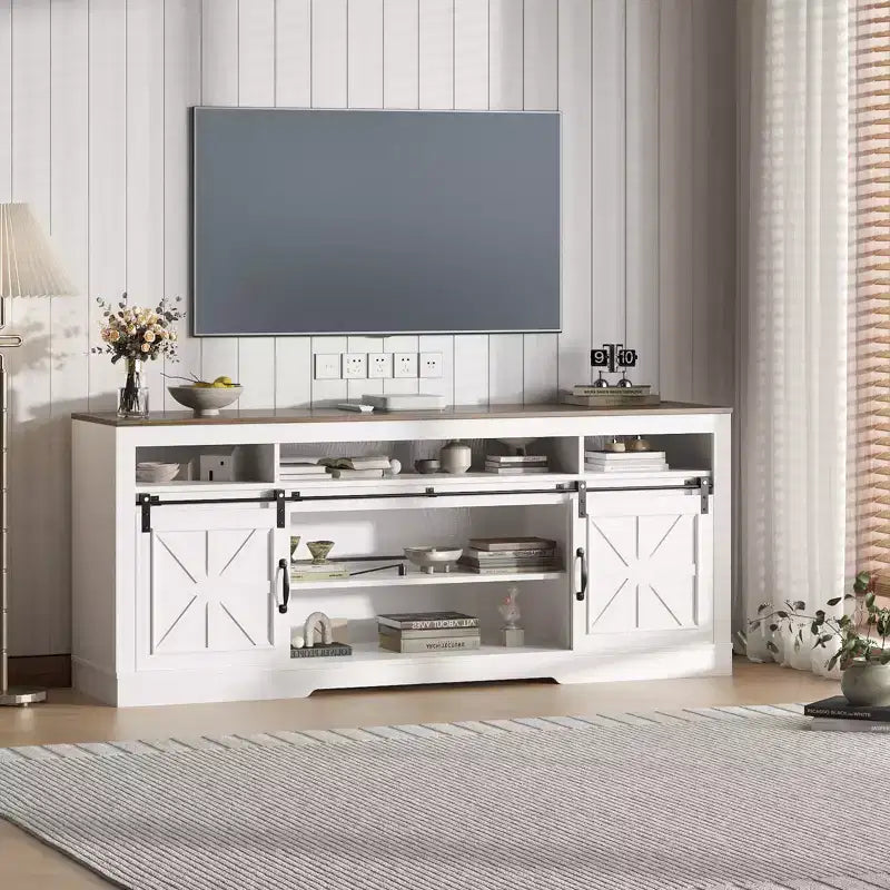 Meuble TV de style rustique de 168 cm pour téléviseurs de 75 pouces, console média avec portes de grange, étagères réglables, rangement ouvert adapté au salon