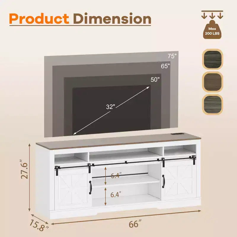 Meuble TV de style rustique de 168 cm pour téléviseurs de 75 pouces, console média avec portes de grange, étagères réglables, rangement ouvert adapté au salon