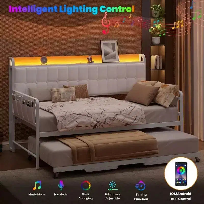 Lit de repos gigogne simple, cadre de canapé rembourré avec lumière LED, station de charge et tête de lit de rangement, lattes métalliques robustes