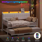 Lit de repos gigogne simple, cadre de canapé rembourré avec lumière LED, station de charge et tête de lit de rangement, lattes métalliques robustes