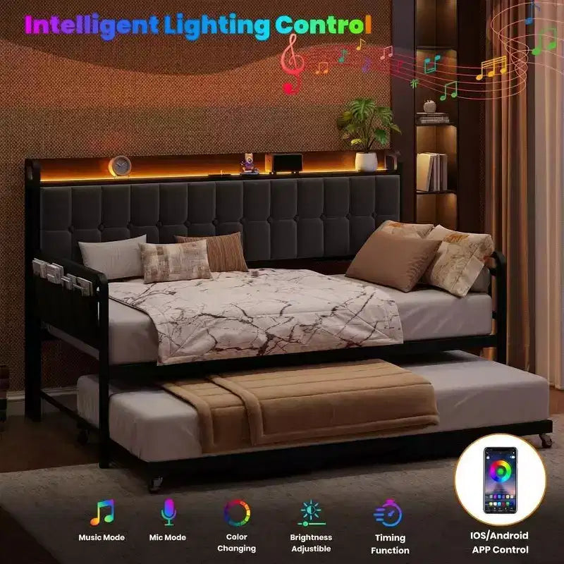 Lit de repos gigogne simple, cadre de canapé rembourré avec lumière LED, station de charge et tête de lit de rangement, lattes métalliques robustes