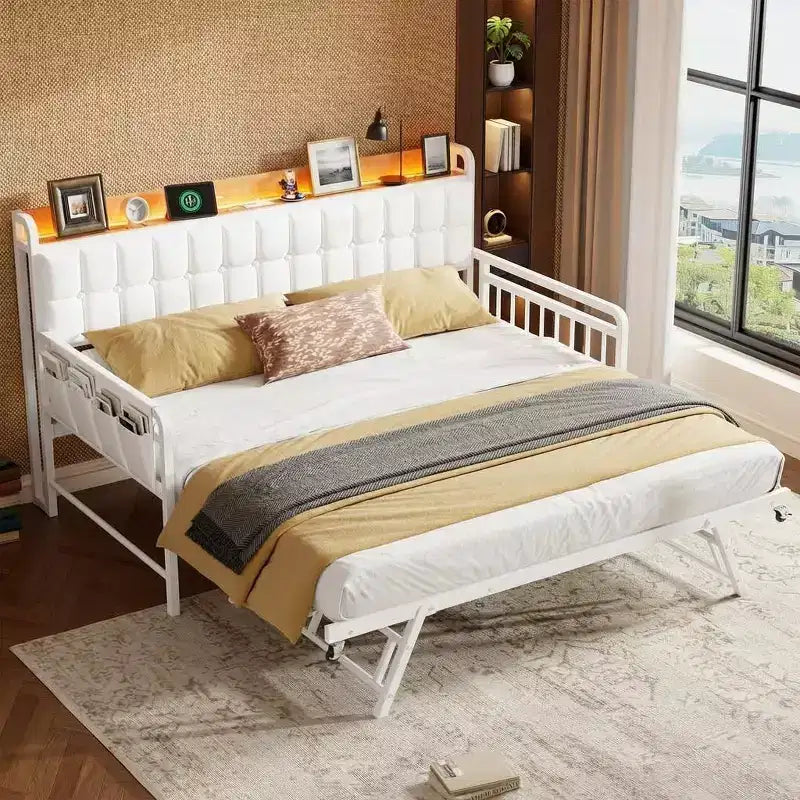Lit de repos gigogne simple, cadre de canapé rembourré avec lumière LED, station de charge et tête de lit de rangement, lattes métalliques robustes