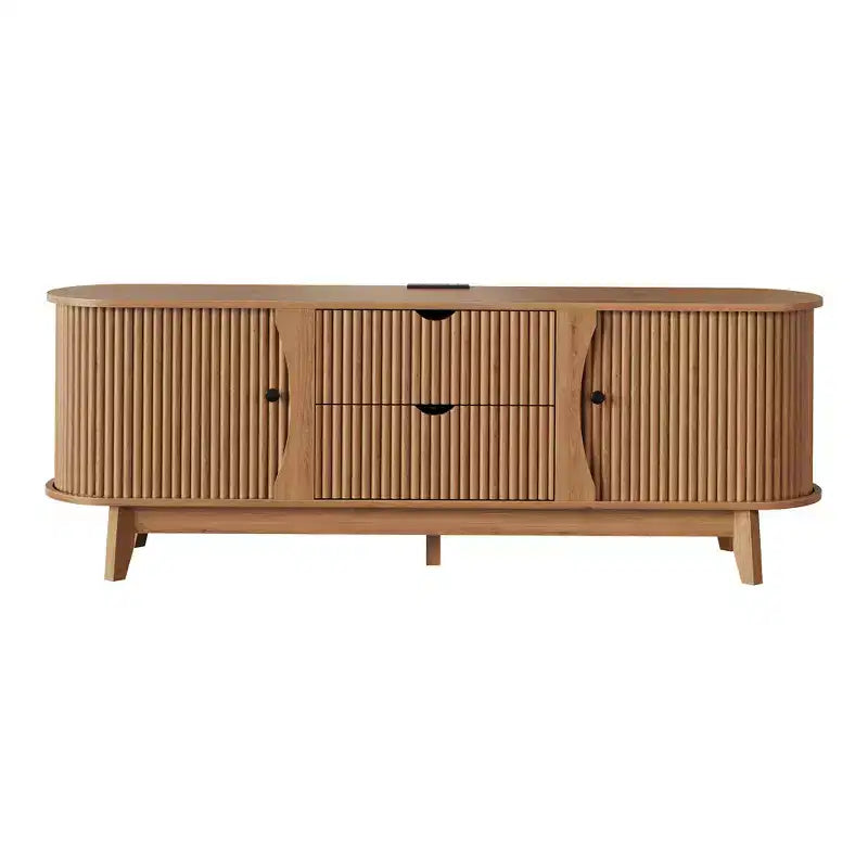 Meuble TV moderne du milieu du siècle de 63 po avec prise de courant - Meuble de divertissement en noyer avec 2 tiroirs et étagères réglables