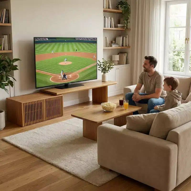 JVNOXK Meuble TV extensible (78,7-110), meuble TV moderne avec rangement pour téléviseurs de 55 pouces et plus, naturel