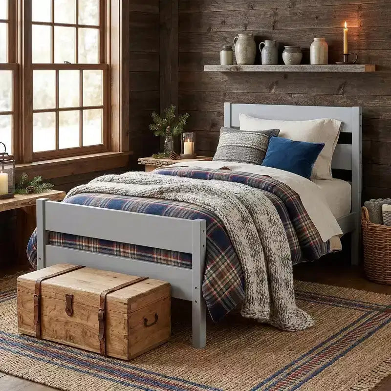 Cadre de lit plateforme double VECELO avec tête de lit à lattes horizontales, pas besoin de sommier tapissier, lit en bois pour chambre d'enfant