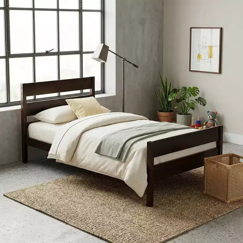 Cadre de lit plateforme double VECELO avec tête de lit à lattes horizontales, pas besoin de sommier tapissier, lit en bois pour chambre d'enfant