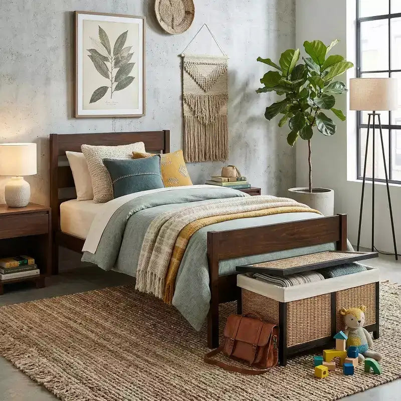 Cadre de lit plateforme double VECELO avec tête de lit à lattes horizontales, pas besoin de sommier tapissier, lit en bois pour chambre d'enfant