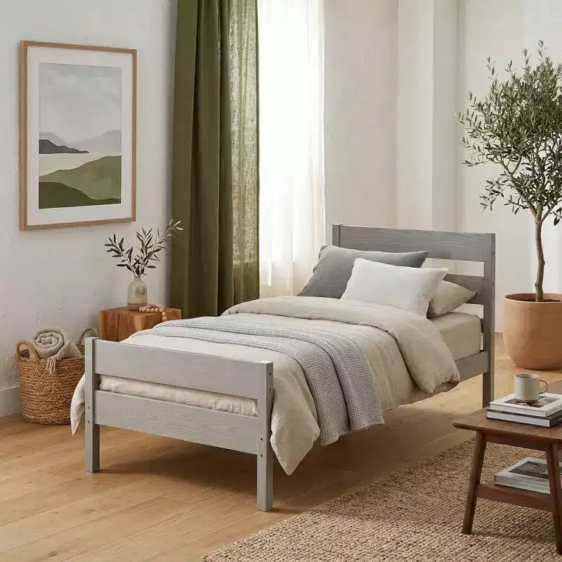 Cadre de lit plateforme double VECELO avec tête de lit à lattes horizontales, pas besoin de sommier tapissier, lit en bois pour chambre d'enfant