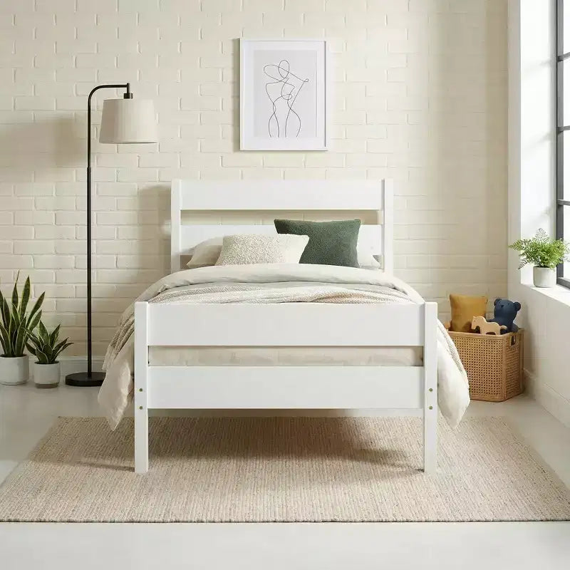 Cadre de lit plateforme double VECELO avec tête de lit à lattes horizontales, pas besoin de sommier tapissier, lit en bois pour chambre d'enfant