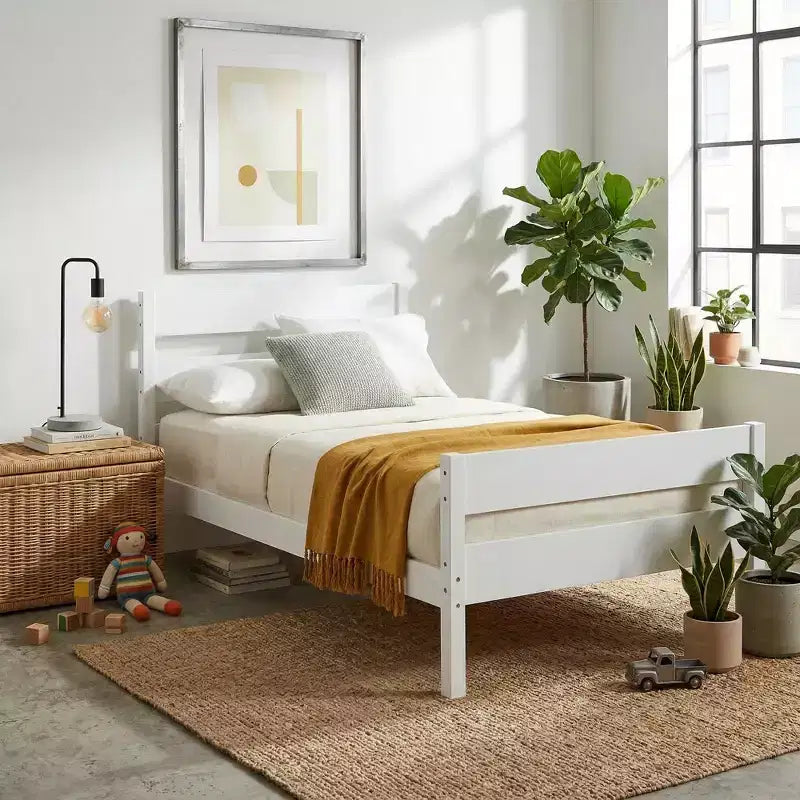 Cadre de lit plateforme double VECELO avec tête de lit à lattes horizontales, pas besoin de sommier tapissier, lit en bois pour chambre d'enfant
