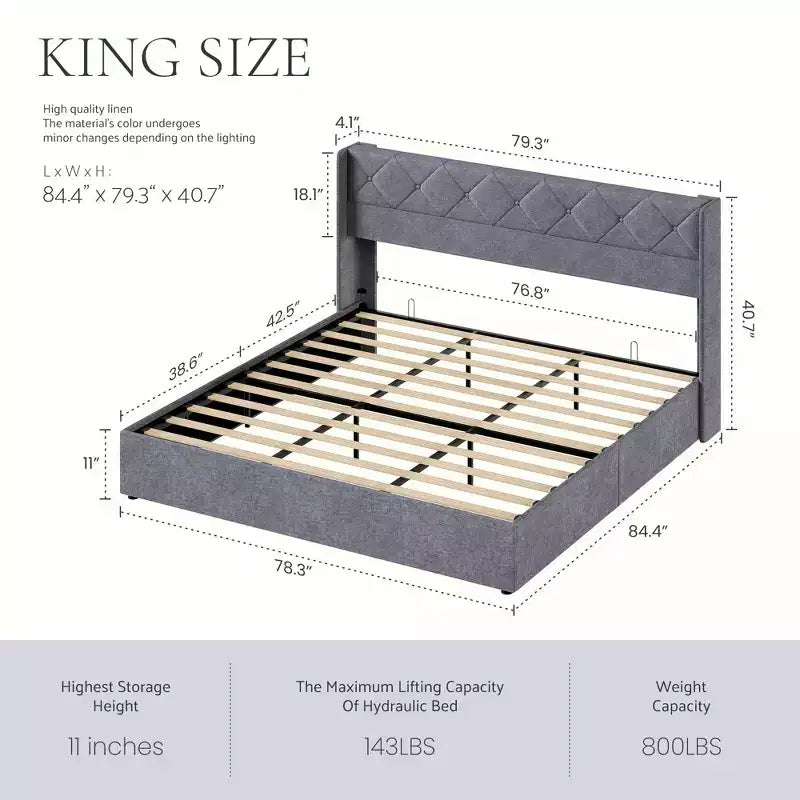 JIONJOY Cadre de lit de rangement capitonné gris, robuste, rangement sous le lit, silencieux, en bois massif, sans sommier tapissier, montage facile - King