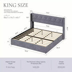 JIONJOY Cadre de lit de rangement capitonné gris, robuste, rangement sous le lit, silencieux, en bois massif, sans sommier tapissier, montage facile - King