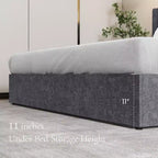 JIONJOY Cadre de lit de rangement capitonné gris, robuste, rangement sous le lit, silencieux, en bois massif, sans sommier tapissier, montage facile - King