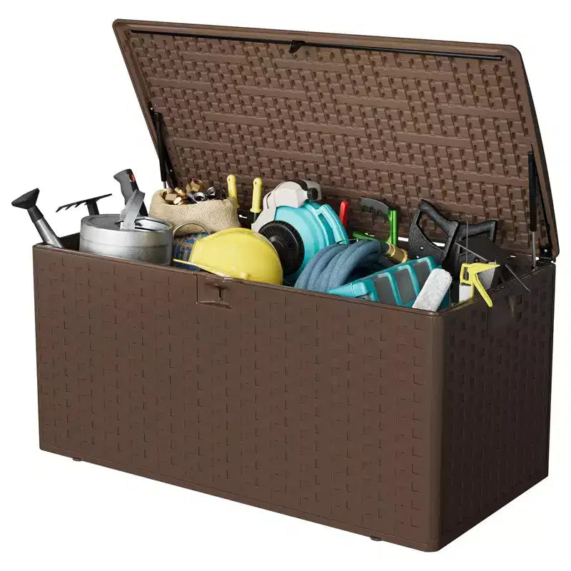 Boîte de rangement de terrasse en résine Acekool étanche de 378 litres avec serrure pour coussins, outils de jardin, accessoires de piscine, marron
