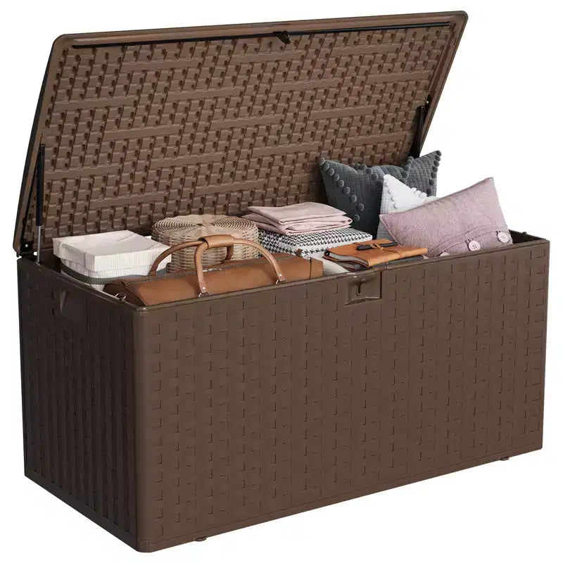 Boîte de rangement de terrasse en résine Acekool étanche de 378 litres avec serrure pour coussins, outils de jardin, accessoires de piscine, marron