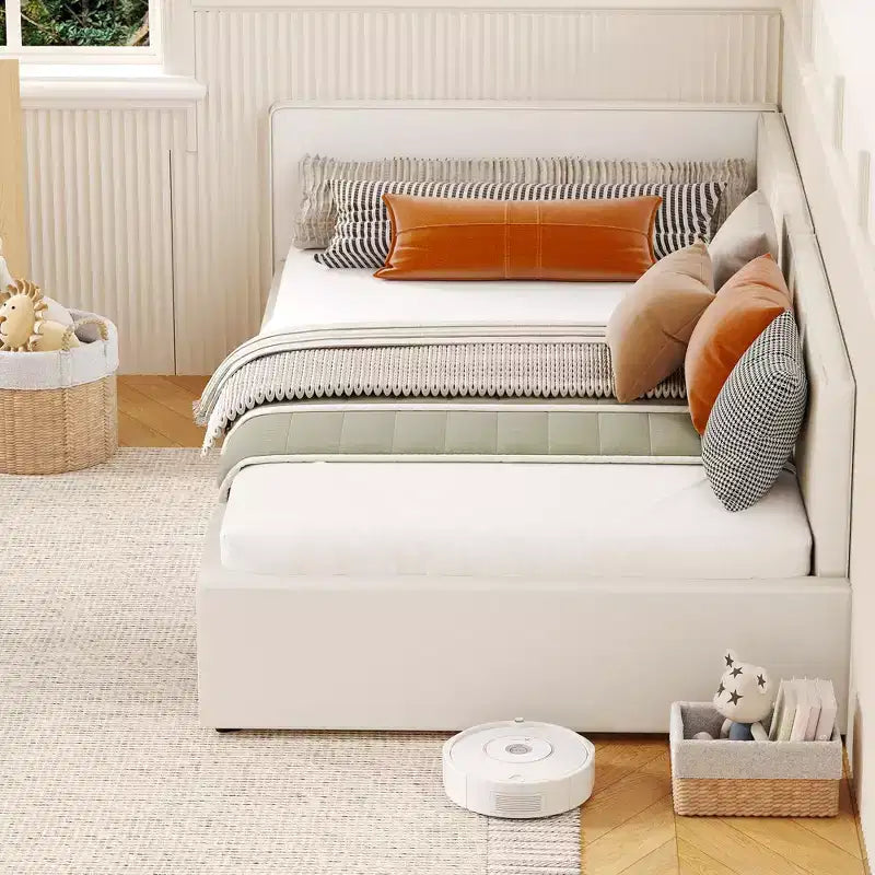 Canapé-lit d'angle double avec tête de lit capitonnée en velours, lit de repos avec barrière réglable pour chambre d'enfant, de garçon, de fille et chambre d'amis