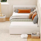 Canapé-lit d'angle double avec tête de lit capitonnée en velours, lit de repos avec barrière réglable pour chambre d'enfant, de garçon, de fille et chambre d'amis