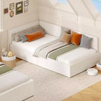 Canapé-lit d'angle double avec tête de lit capitonnée en velours, lit de repos avec barrière réglable pour chambre d'enfant, de garçon, de fille et chambre d'amis