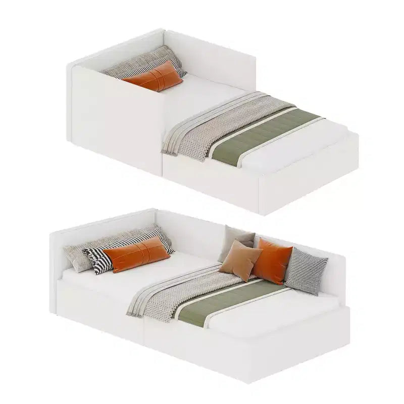 Canapé-lit d'angle double avec tête de lit capitonnée en velours, lit de repos avec barrière réglable pour chambre d'enfant, de garçon, de fille et chambre d'amis