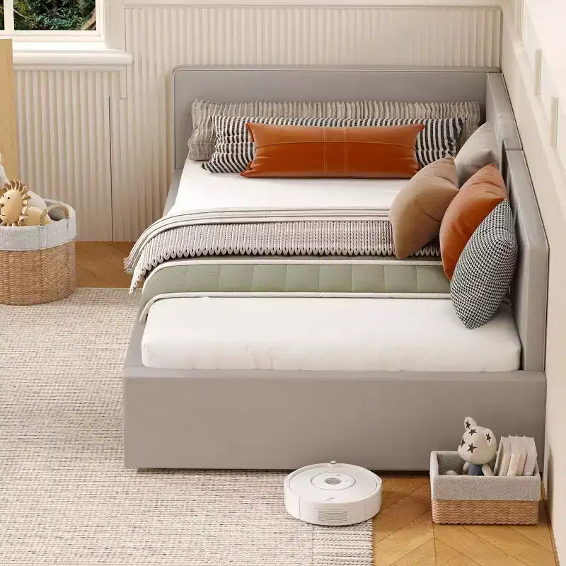Canapé-lit d'angle double avec tête de lit capitonnée en velours, lit de repos avec barrière réglable pour chambre d'enfant, de garçon, de fille et chambre d'amis