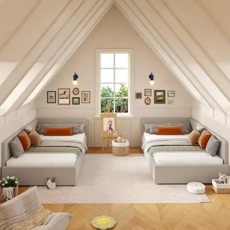 Canapé-lit d'angle double avec tête de lit capitonnée en velours, lit de repos avec barrière réglable pour chambre d'enfant, de garçon, de fille et chambre d'amis