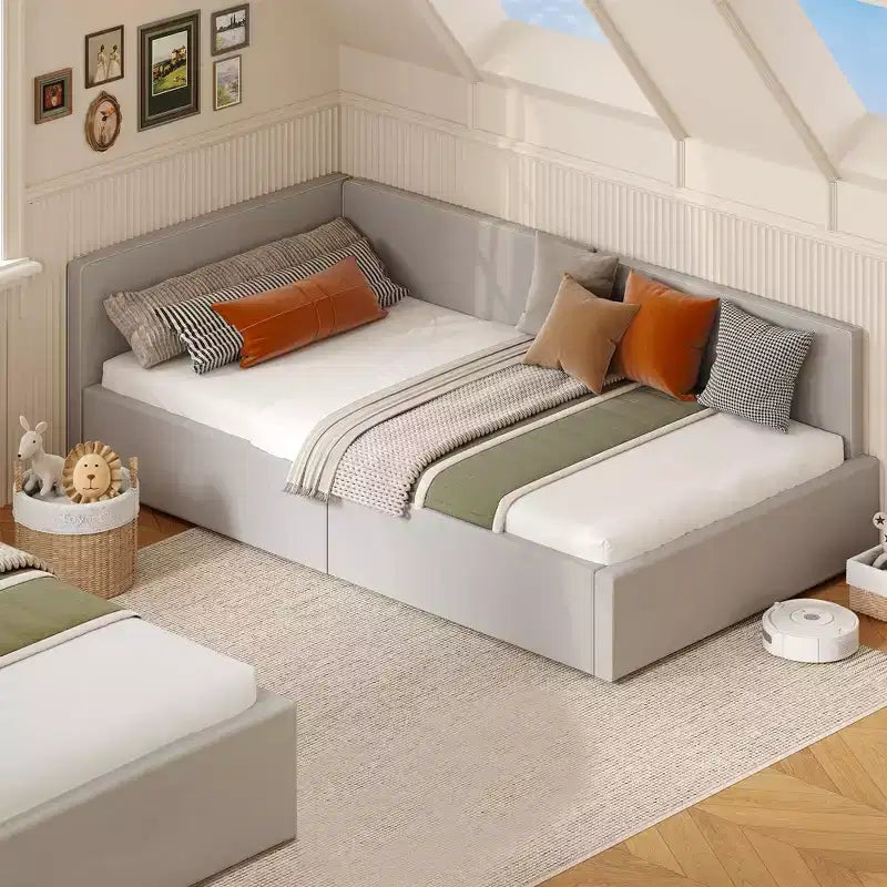 Canapé-lit d'angle double avec tête de lit capitonnée en velours, lit de repos avec barrière réglable pour chambre d'enfant, de garçon, de fille et chambre d'amis