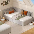 Canapé-lit d'angle double avec tête de lit capitonnée en velours, lit de repos avec barrière réglable pour chambre d'enfant, de garçon, de fille et chambre d'amis
