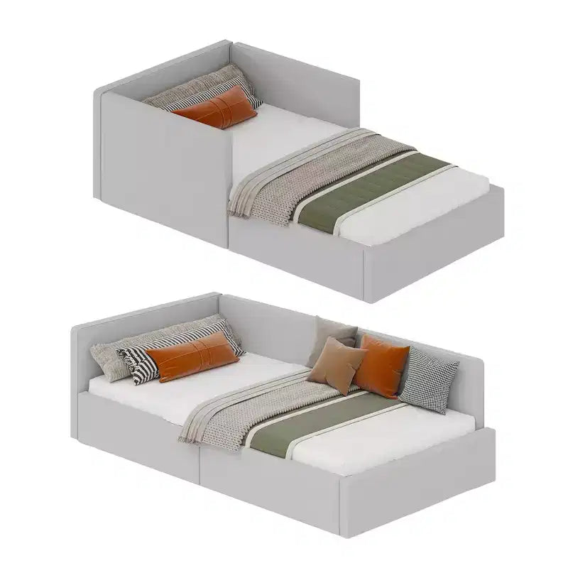 Canapé-lit d'angle double avec tête de lit capitonnée en velours, lit de repos avec barrière réglable pour chambre d'enfant, de garçon, de fille et chambre d'amis
